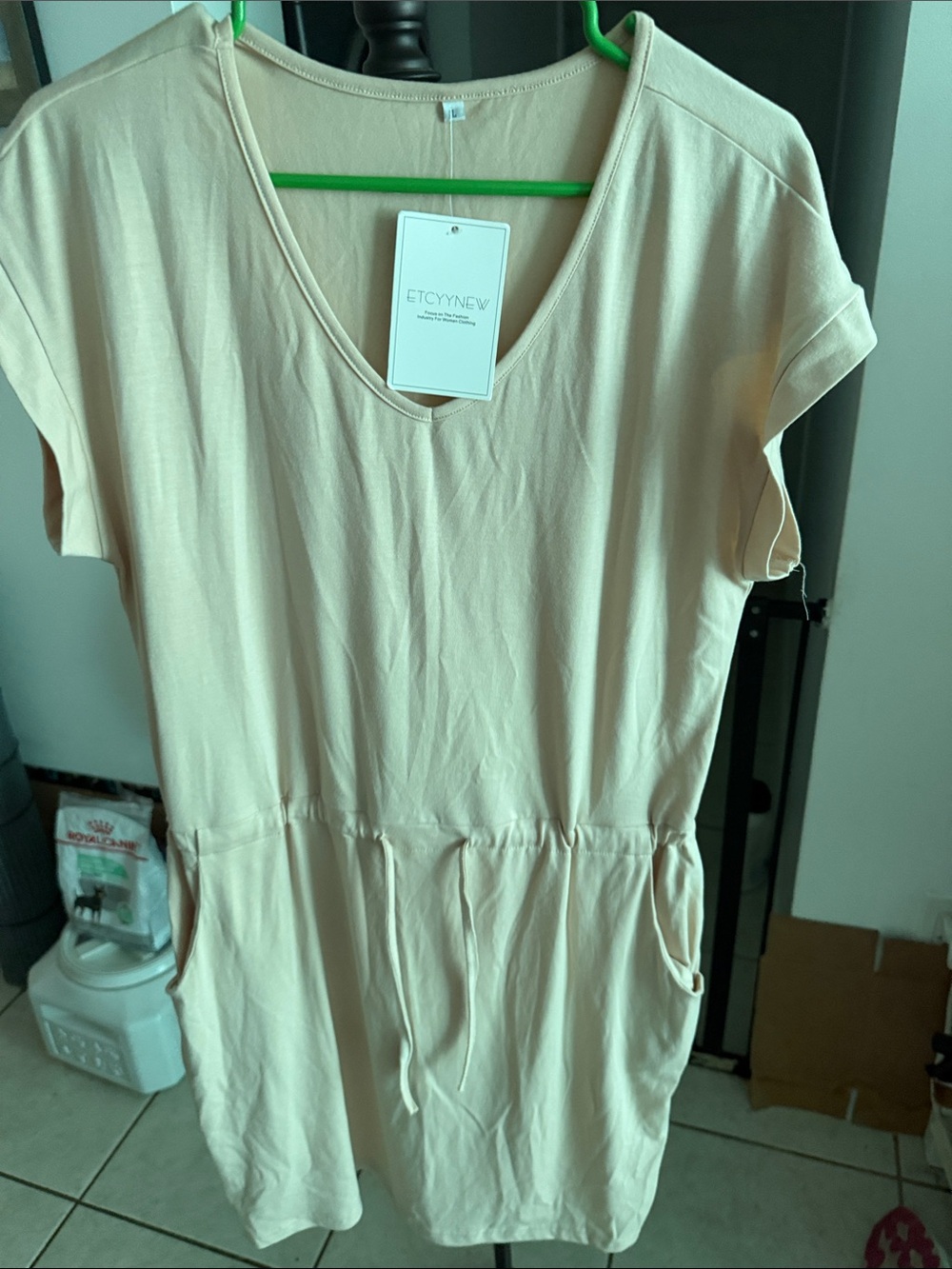Cream V-Neck Drawstring Tunic with Pockets